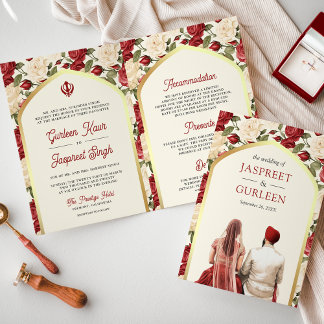Red Ivory Floral All in One Sikh Wedding Invitation