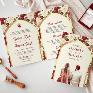 Red Ivory Floral All in One Sikh Wedding Invitation