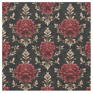 Red & Ivory Floral Damask on Black Fabric
