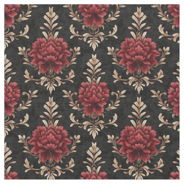 Red & Ivory Floral Damask on Black Fabric (Close Up)