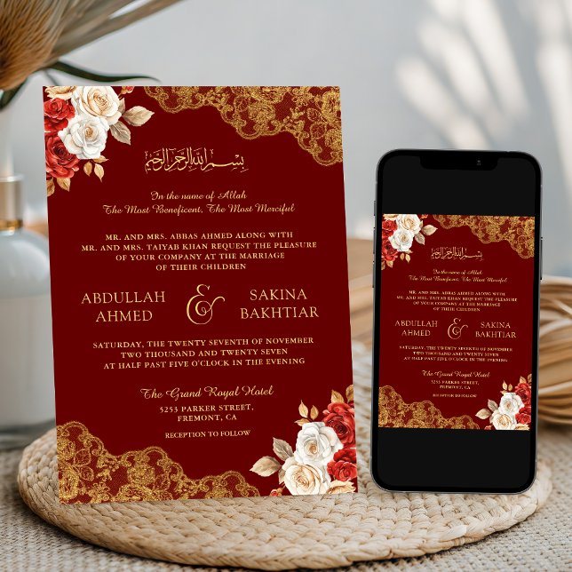Red Ivory Floral Gold Lace Maroon Muslim Wedding Invitation (Creator Uploaded)