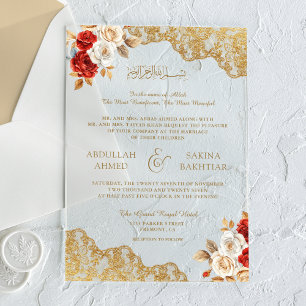 Red Ivory Floral Gold Lace Muslim Wedding Acrylic Invitations