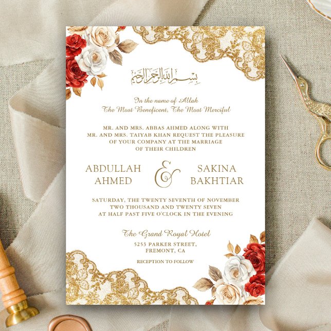 Red Ivory Floral Gold Lace QR Code Muslim Wedding Invitation (Creator Uploaded)