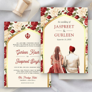 Red Ivory Floral Punjabi Anand Karaj Sikh Wedding Invitation