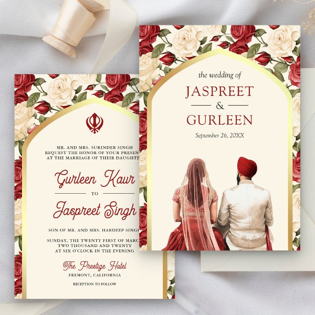 Red Ivory Floral Punjabi Anand Karaj Sikh Wedding Invitation (Creator Uploaded)