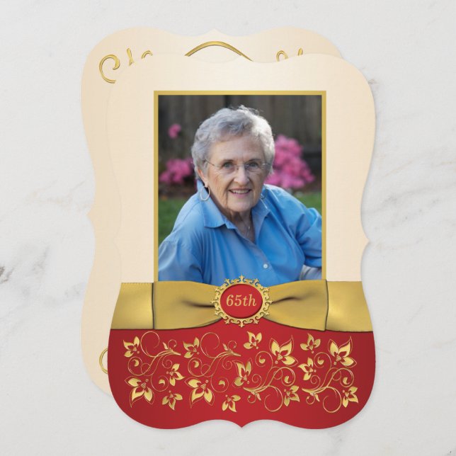 Red, Ivory, Gold 65th Photo Birthday Invitation (Front/Back)