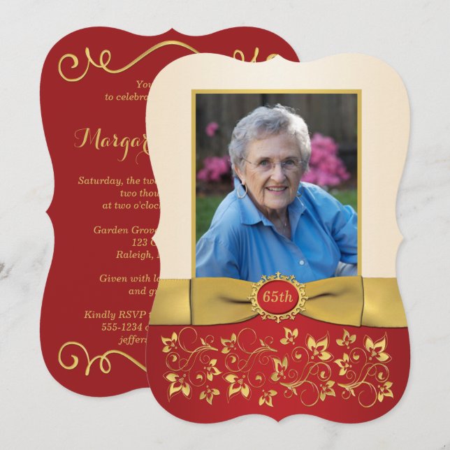 Red, Ivory, Gold 65th Photo Birthday Invitation 2 (Front/Back)