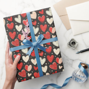 Red & Ivory Hearts on Black Wrapping Paper