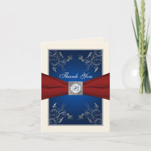 Red, Ivory, Navy Blue Floral Thank You Note Card