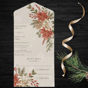Red & Ivory Poinsettias in Snow on Beige All In One Invitation