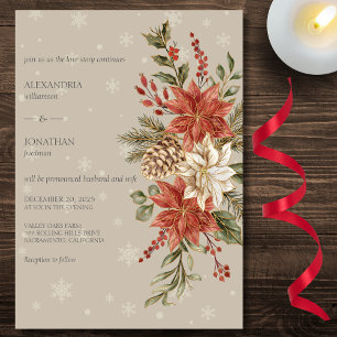 Red & Ivory Poinsettias in Snow on Taupe Wedding  Invitation