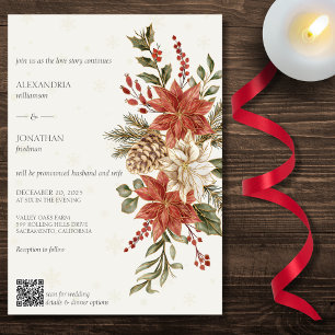 Red & Ivory Poinsettias on Ivory QR Code Wedding  Invitation