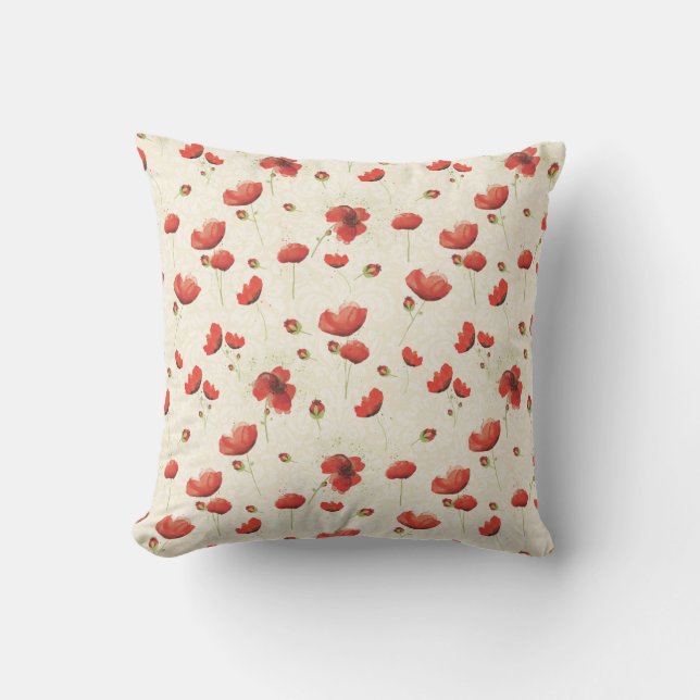 Red Ivory Poppy Throw Pillow (Front)