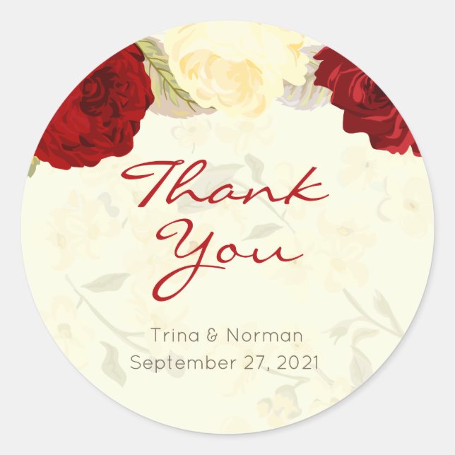 Red & Ivory Roses Wedding Thank You Stickers (Front)