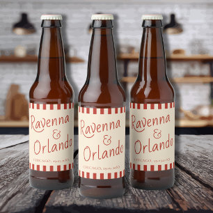 Red Ivory Stripes Retro Minimalist Wedding Beer Bottle Label