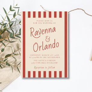 Red Ivory Stripes Retro Minimalist Wedding Invitation