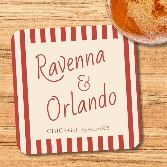 Red Ivory Stripes Retro Minimalist Wedding Square Paper Coaster (Creator Uploaded)