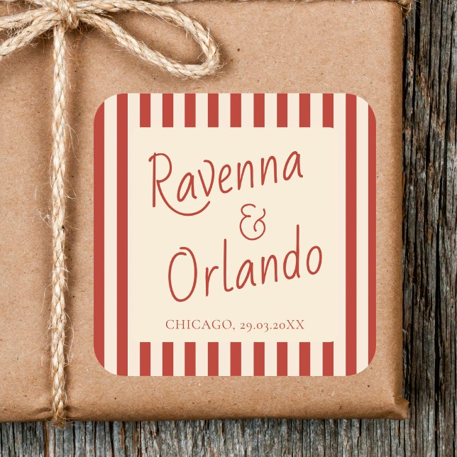 Red Ivory Stripes Retro Minimalist Wedding Square Sticker (Creator Uploaded)