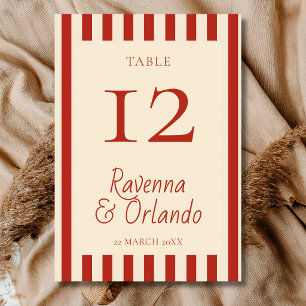 Red Ivory Stripes Retro Minimalist Wedding Table Number