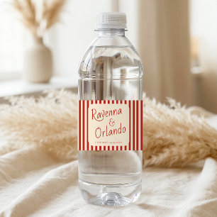 Red Ivory Stripes Retro Minimalist Wedding Water Bottle Label