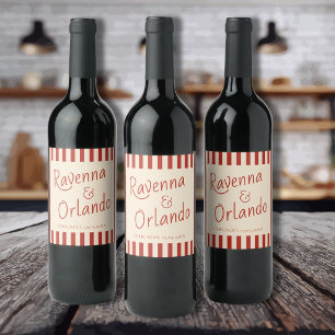 Red Ivory Stripes Retro Minimalist Wedding Wine Label