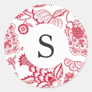 Red Jacobean Customisable Monogram Classic Round Sticker