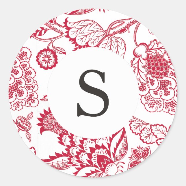 Red Jacobean Customisable Monogram Classic Round Sticker (Front)