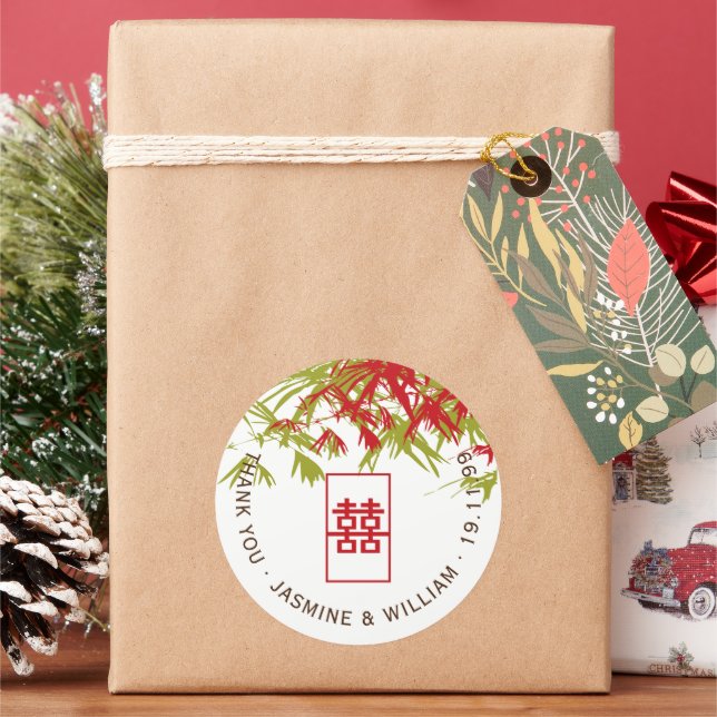 Red & Jade Bamboo Leaves Shuang Xi Chinese Wedding Classic Round Sticker (Holiday)