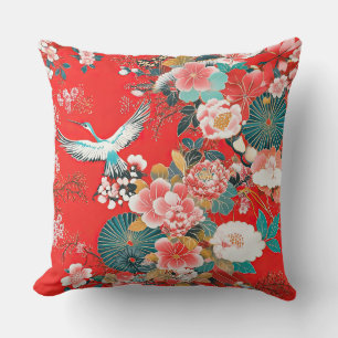 Red Japanese Flora with Crane Cushion