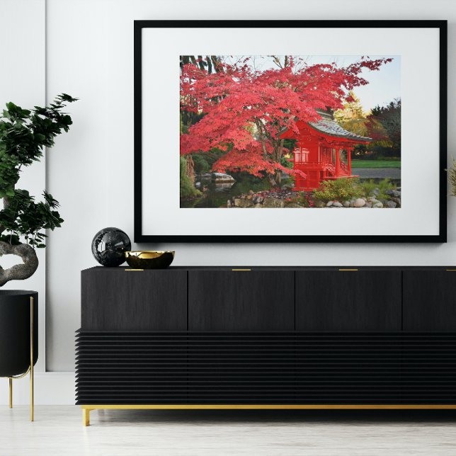 Red Japanese Maple and Garden Shrine Photo Poster (In Situ)
