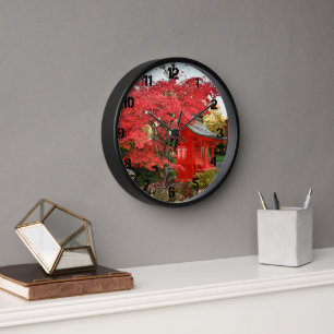 Red Japanese Maple and Garden Tea House Clock