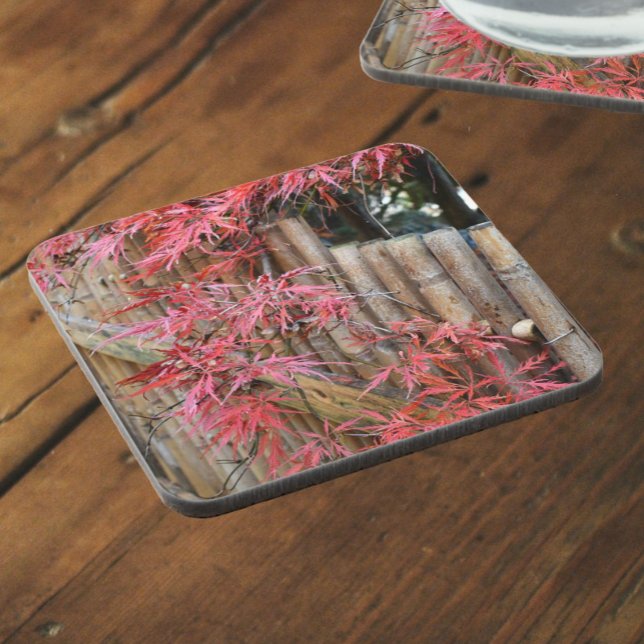 Red Japanese Maple Leaves and Bamboo Fence Coaster (In Situ)