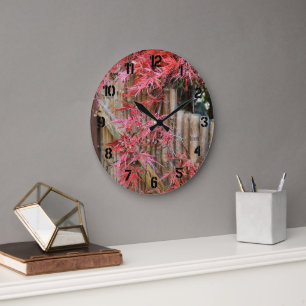 Red Japanese Maple Leaves and Bamboo Large Clock