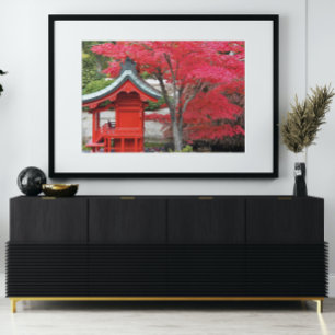 Red Japanese Maple Leaves and Garden Shrine Photo Print