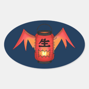 Red Japanese Paper Lantern Ghost Yokai Oval Sticker