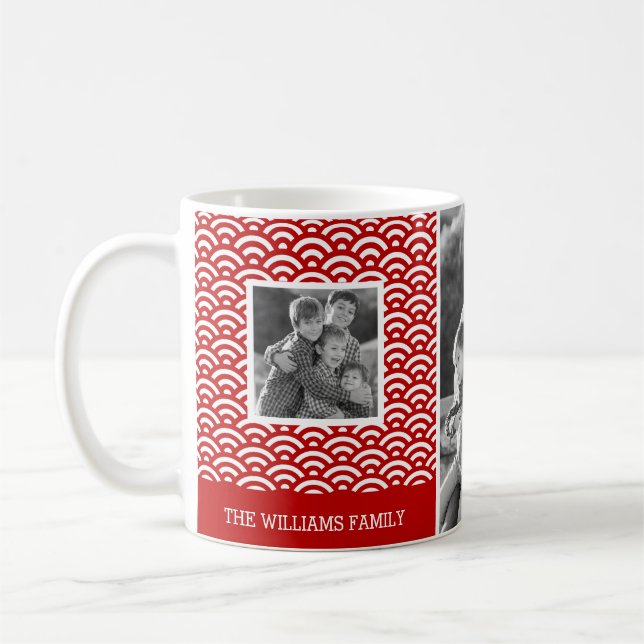 Red Japanese Pattern | Family Photos & Text Coffee Mug (Left)