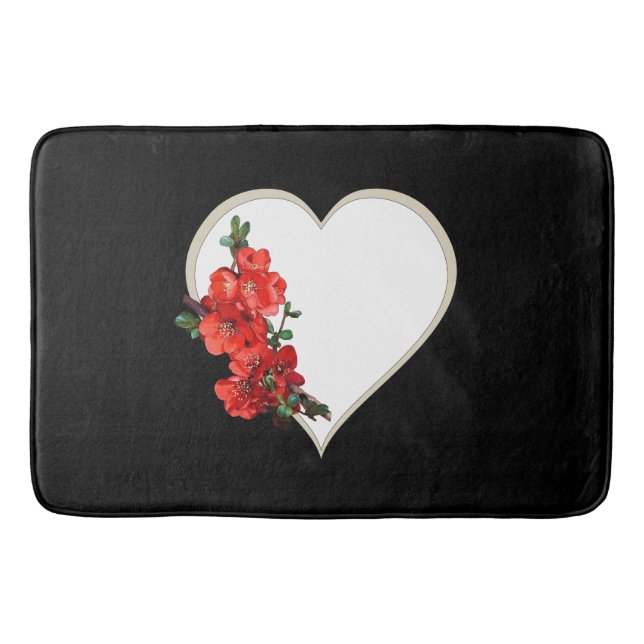 Red Japanese Quince Blossom heart black Bath Mat (Front)