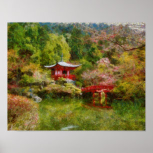 Red Japanese Shrine Beside a Pond Poster
