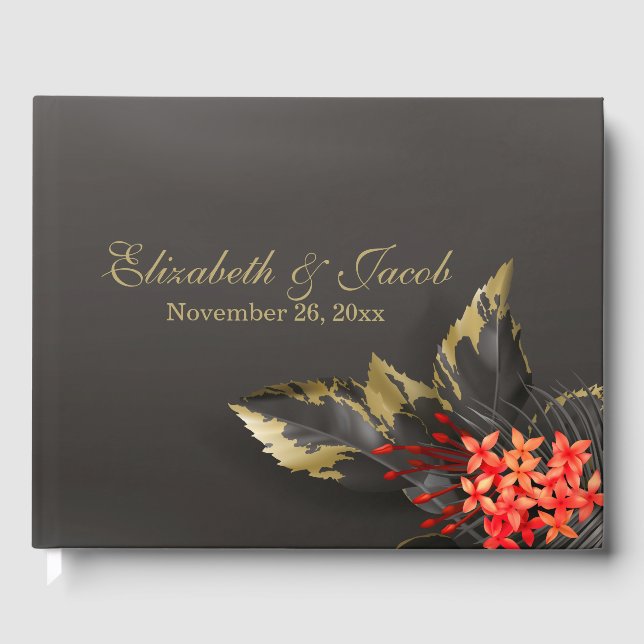 Red Jasmine Dark Tropical Wedding Guest Book (Front)