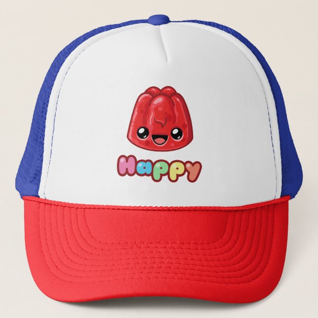 Red Jelly Happy Text - Happy Jump Trucker Hat (Front)