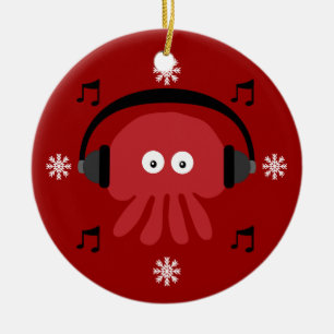 Red Jellyfish DJ & Snowflakes Customisable Ceramic Tree Decoration