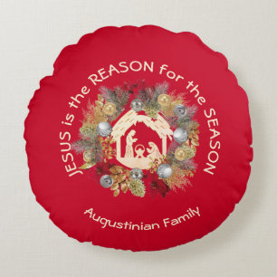 Red JESUS IS THE REASON Christmas Wreath Nativity Round Cushion