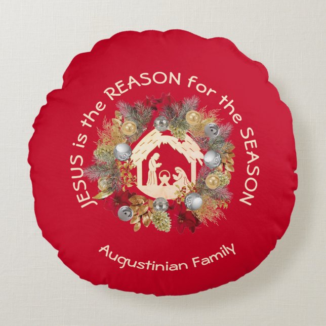 Red JESUS IS THE REASON Christmas Wreath Nativity Round Cushion (Front)