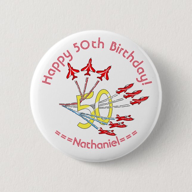 Red Jet Planes - 50th Birthday Badge (Front)