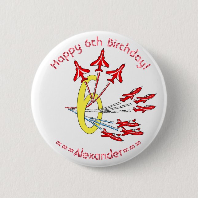 Red Jet Planes 6th Birthday Badge (Front)