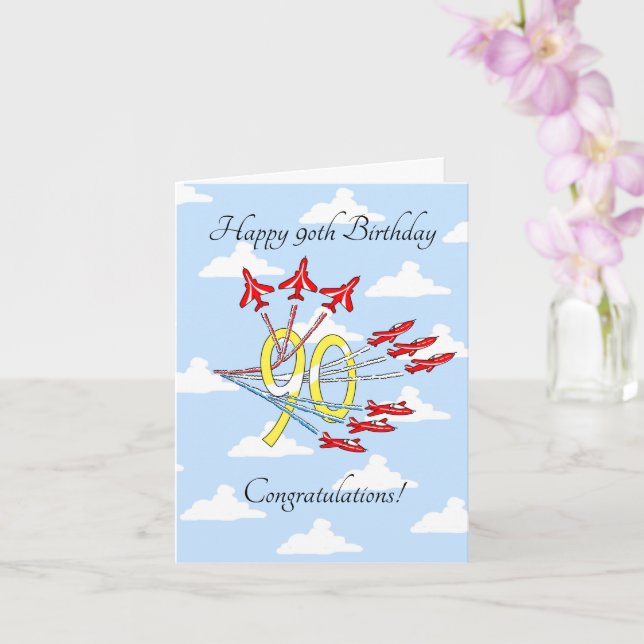 Red Jet Planes 90th (Blue Sky) Birthday Card (Orchid)