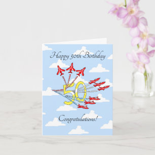 Red Jet Planes Blue Sky 50th Birthday Card