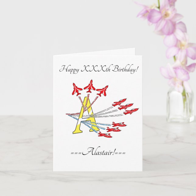 Red Jet Planes Initial A Birthday Card (Orchid)