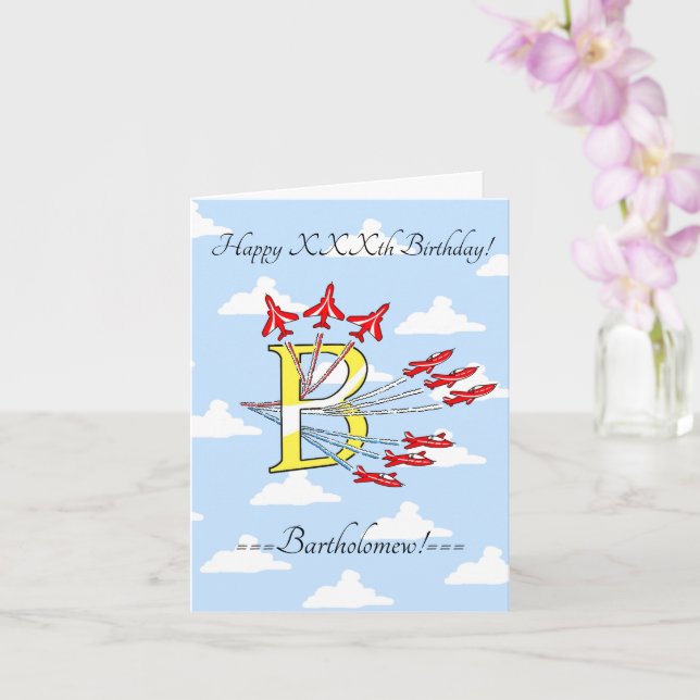 Red Jet Planes Initial B Blue Sky Birthday Card (Orchid)