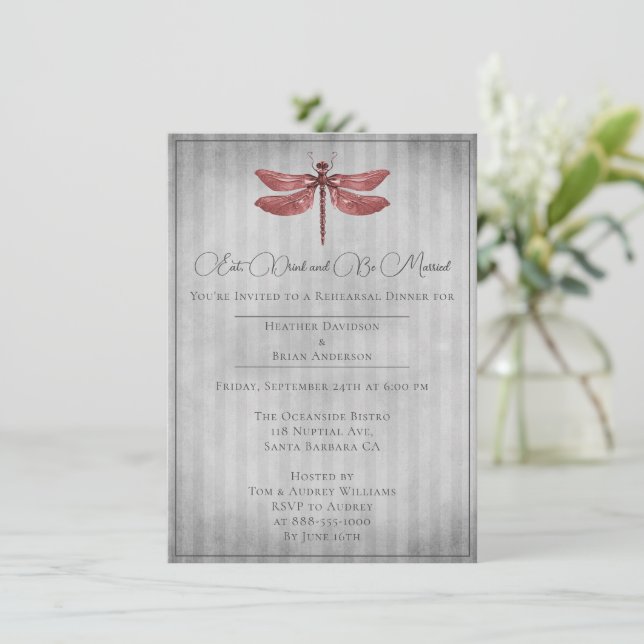 Red Jewelled Dragonfly Rehearsal Dinner Invitation (Standing Front)
